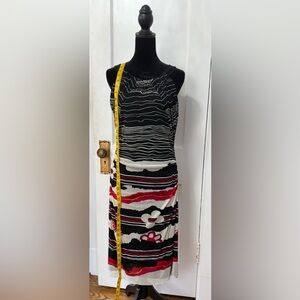 Kay Unger Black and Red Abstract Midi Cocktail Dress Size L